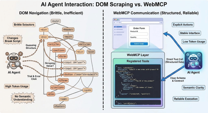 How an AI agent currently interacts with a website structure versus the WebMCP method of tool registration