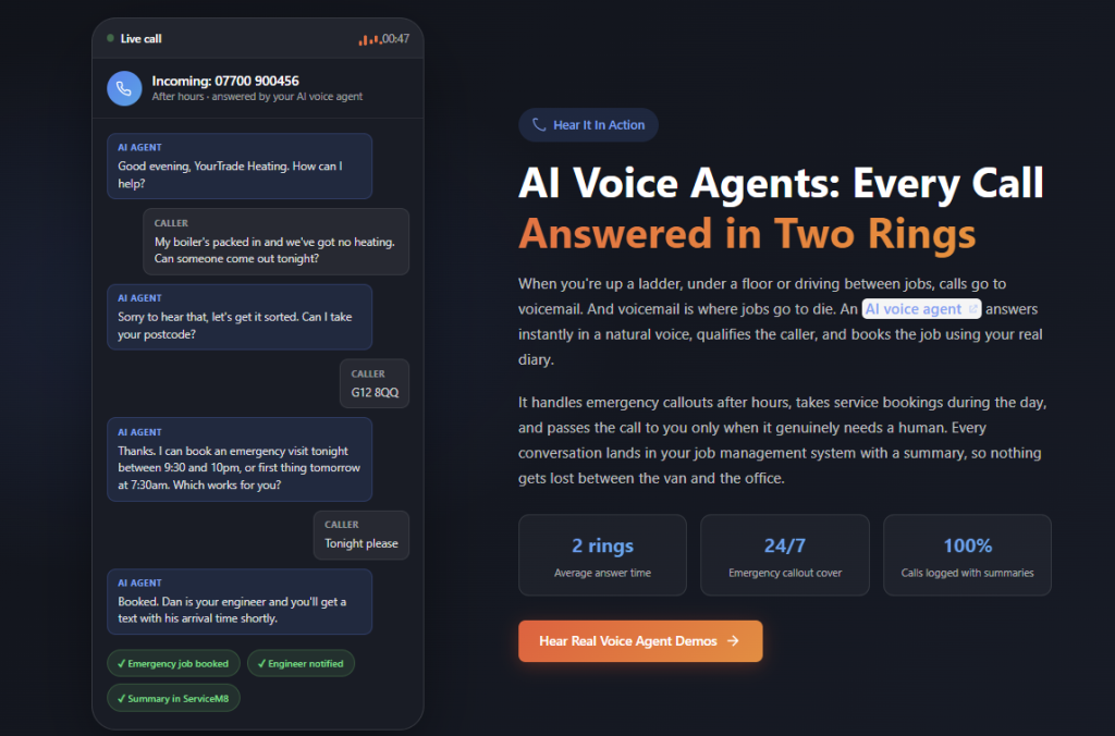 Create your own AI voice agent demo customised to your trades business in a few clicks. The agent calls you within 60 seconds. You'll be surprised with how it represents your own business.